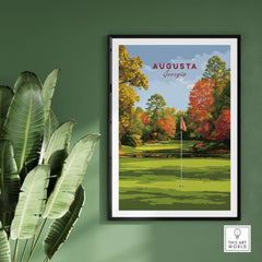 Augusta Golf Print - Georgia Golf Course Wall Art showcasing a scenic view of the course framed on a green wall.