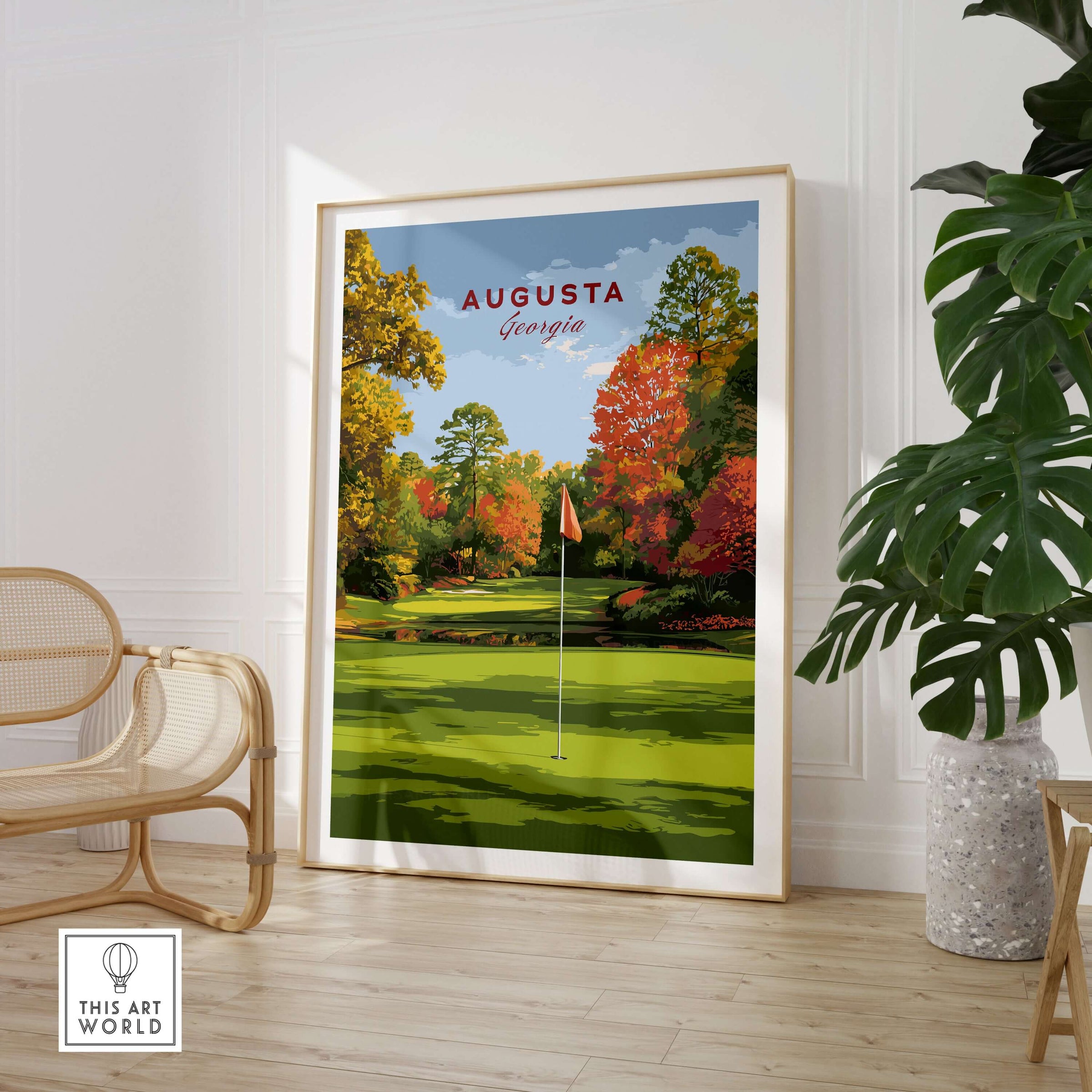 Augusta Golf Print - Georgia Golf Course Wall Art displayed in a modern interior with vibrant colors and foliage.