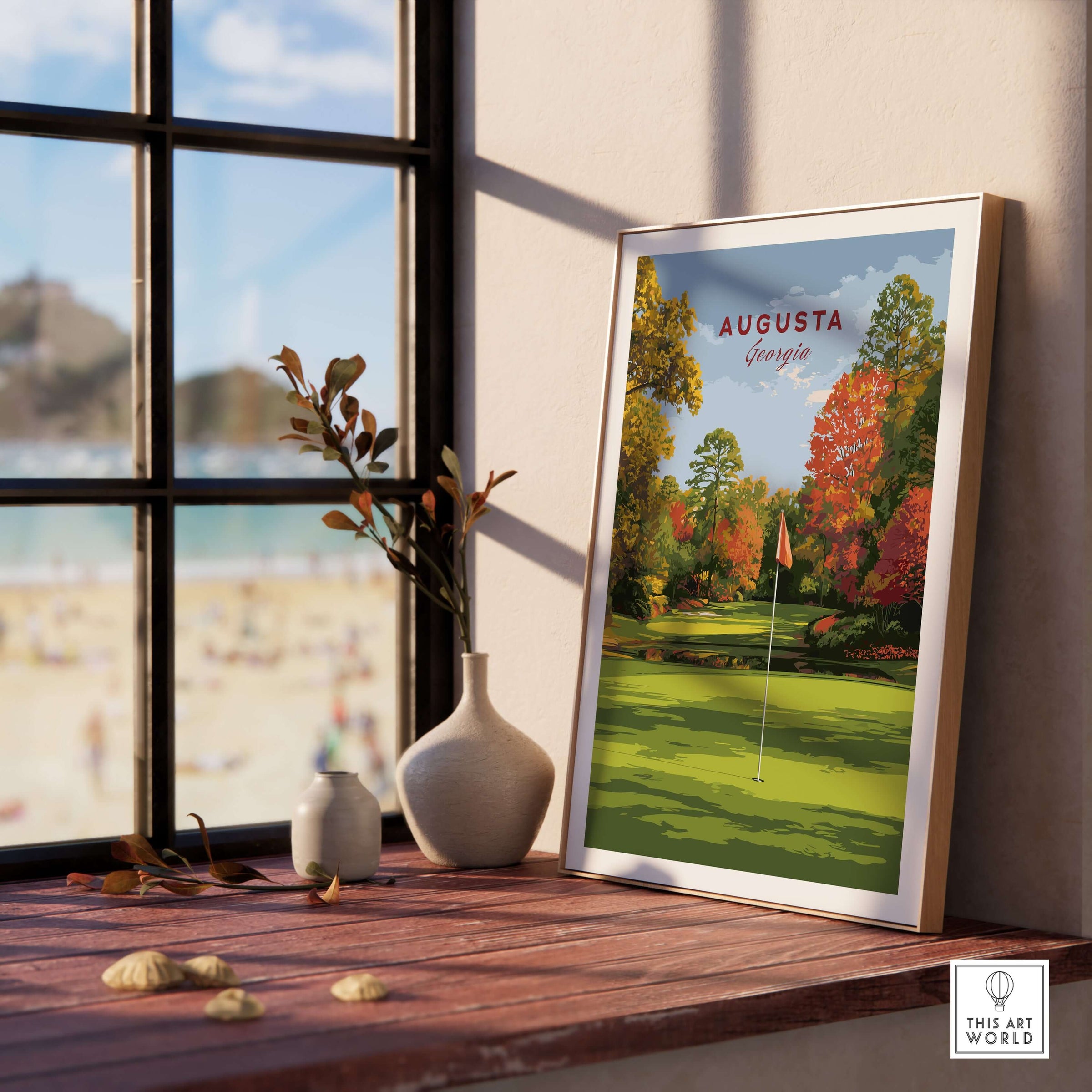 Augusta Golf Print - Georgia Golf Course Wall Art displayed in a stylish interior with a view of the beach.