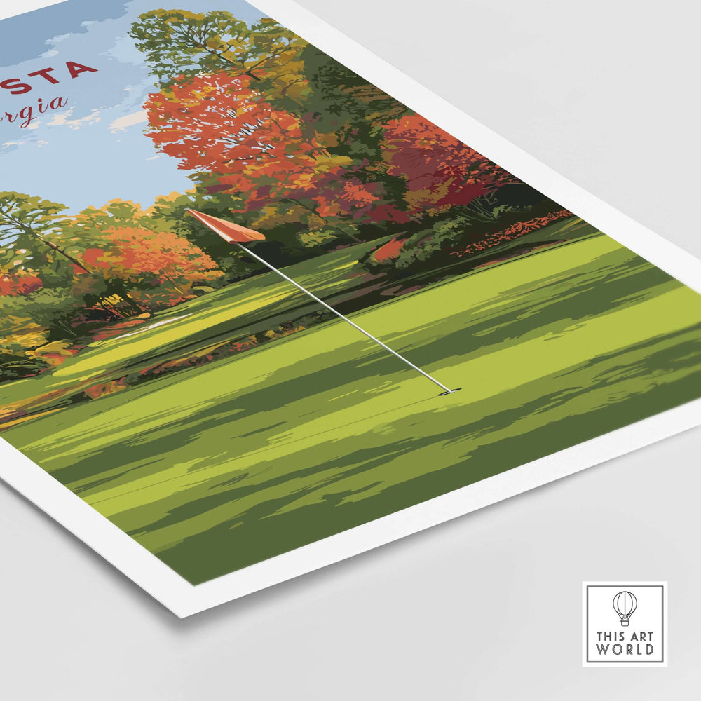 Augusta Golf Print depicting a vibrant Georgia course in autumn colors, perfect for golf enthusiasts and home decor.