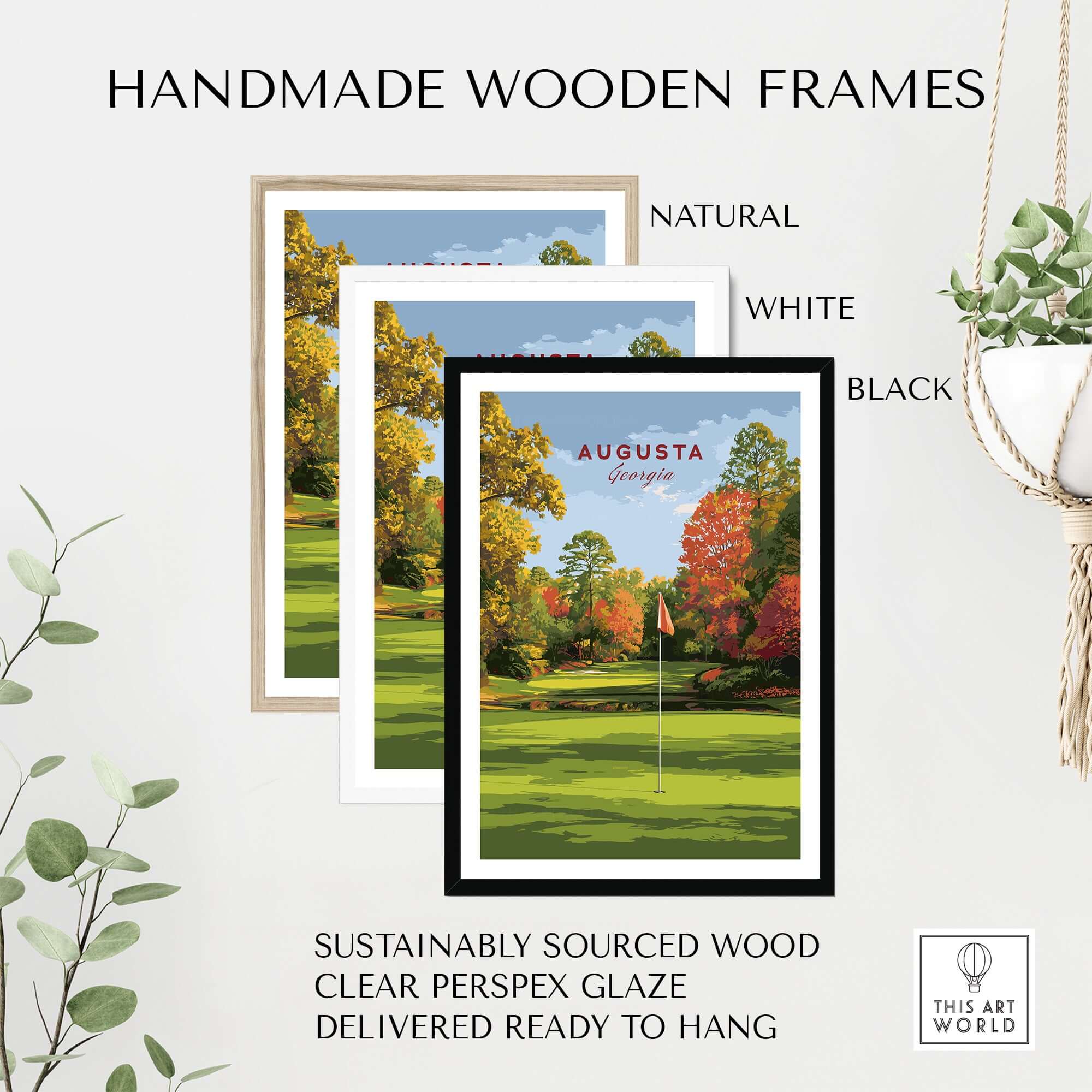 Augusta Golf Print - Georgia Golf Course Wall Art displayed in handmade wooden frames, natural, white, and black options.