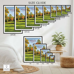 Augusta Golf Print - Georgia Golf Course Wall Art size guide showcasing various frame sizes for display options.
