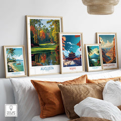 Augusta The Masters Golf Wall Art Print displayed among travel-themed prints in a stylish home setting