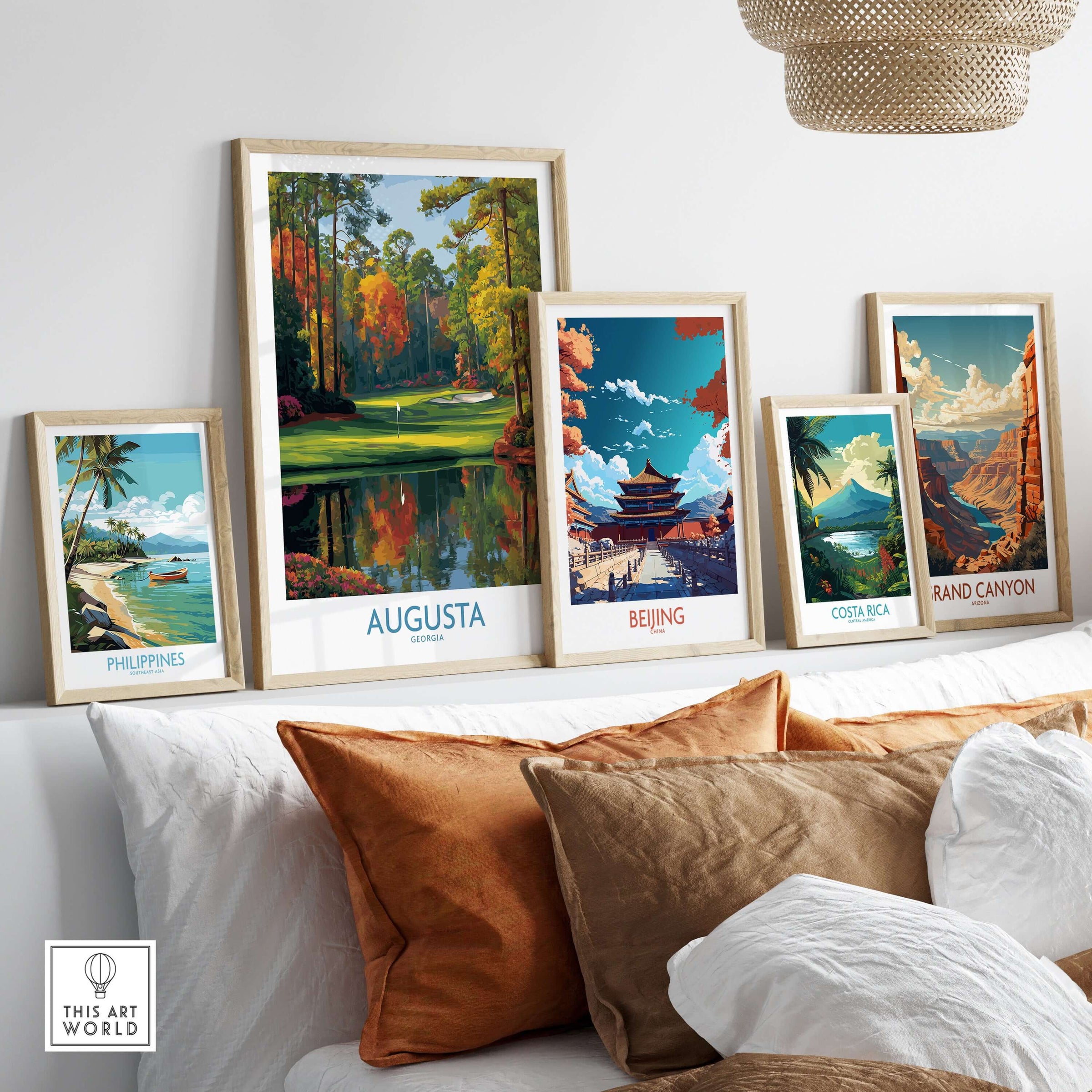 Augusta The Masters Golf Wall Art Print displayed among travel-themed prints in a stylish home setting