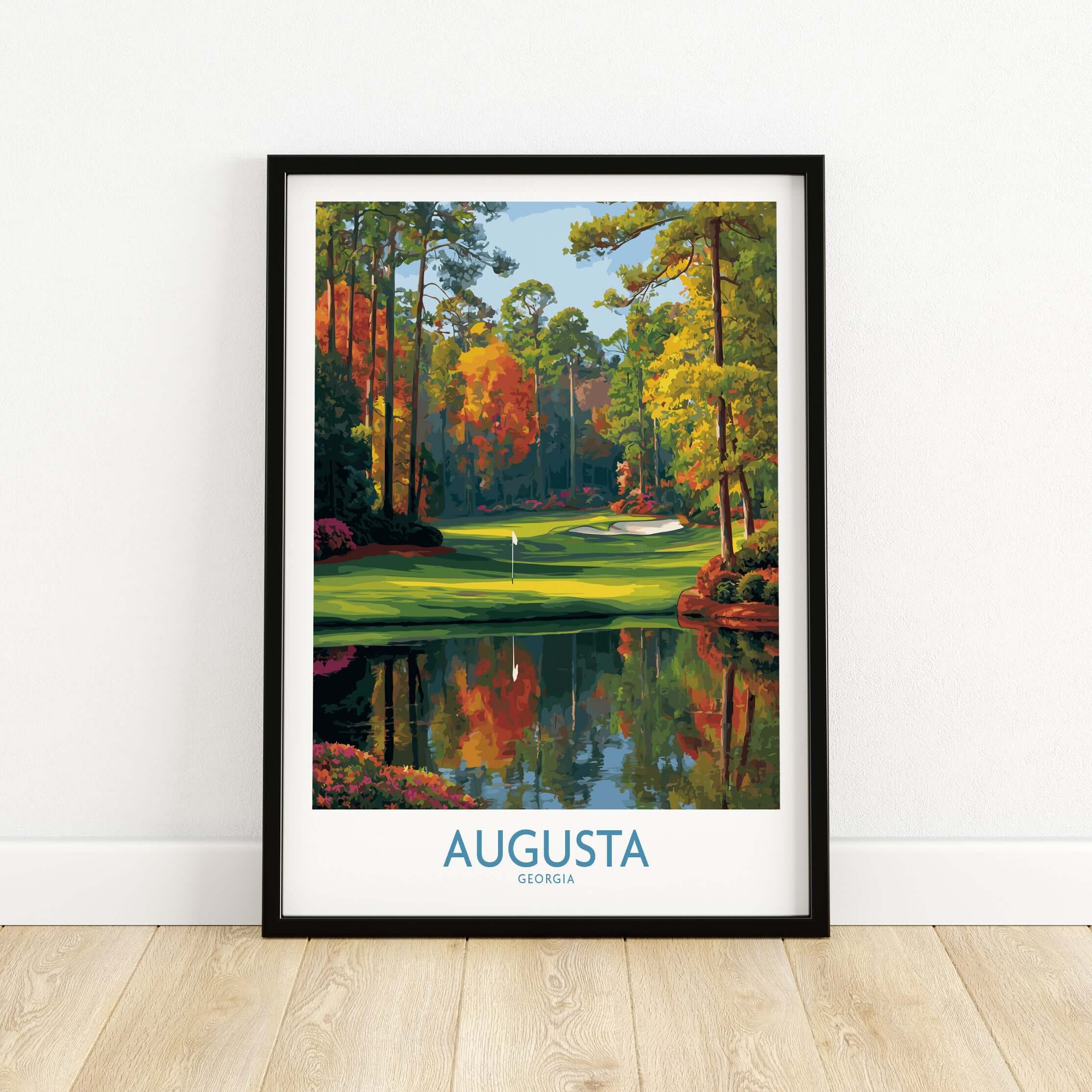 Augusta The Masters Golf Wall Art Print showcasing a picturesque golf course in Georgia with stunning autumn colors.