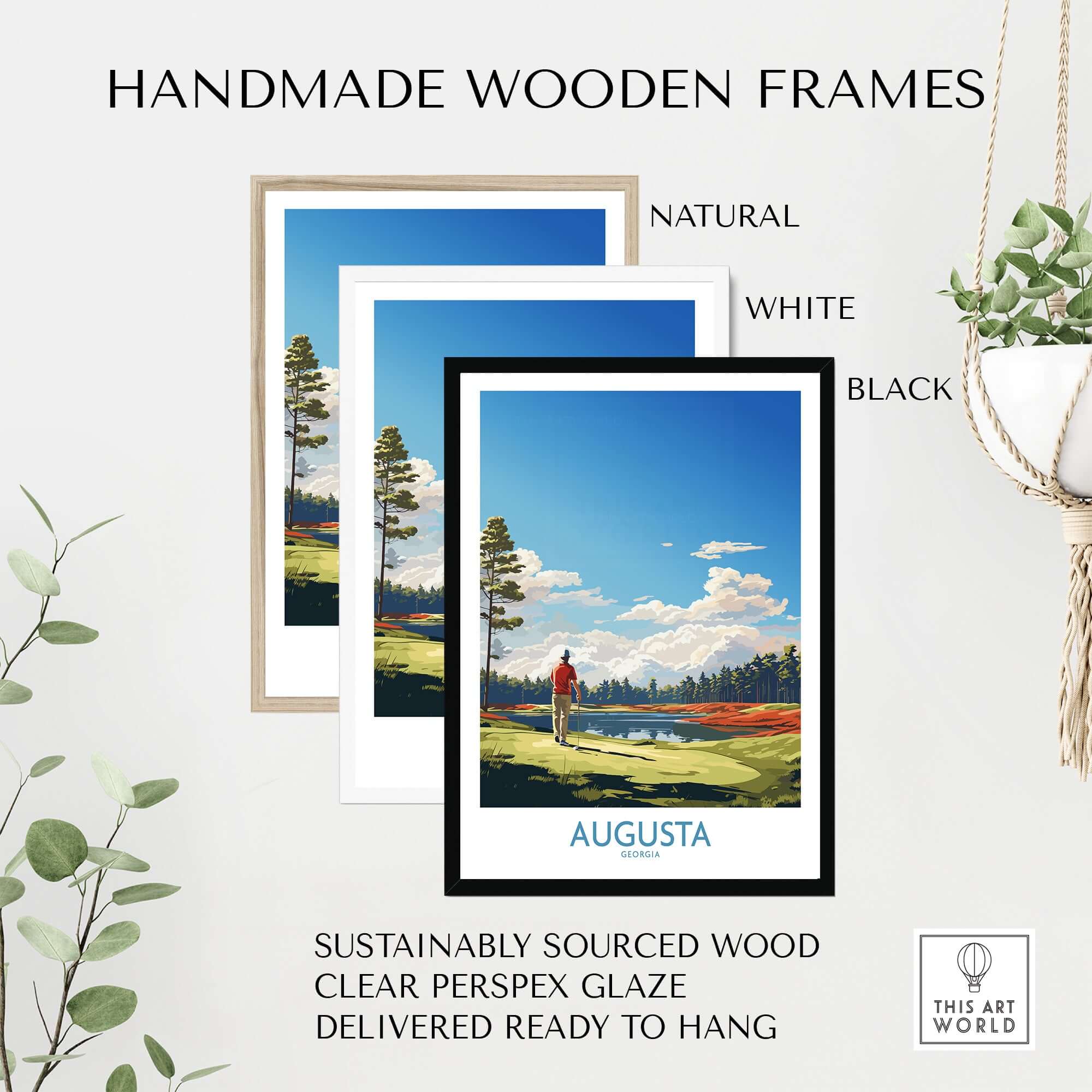 Augusta National Print - The Masters Golf Poster in handmade wooden frames available in natural, white, and black.