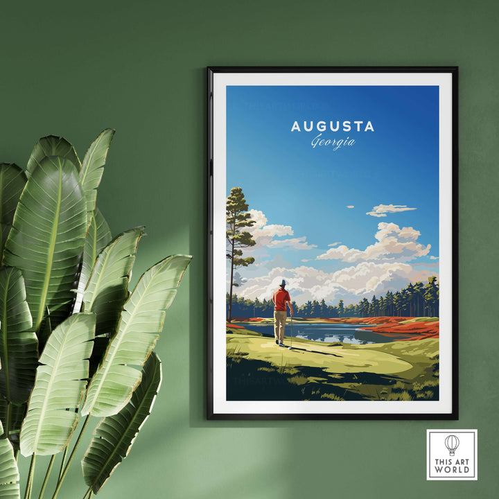 Augusta National golf print poster framed in a modern interior, showcasing scenic beauty and vibrant colors.