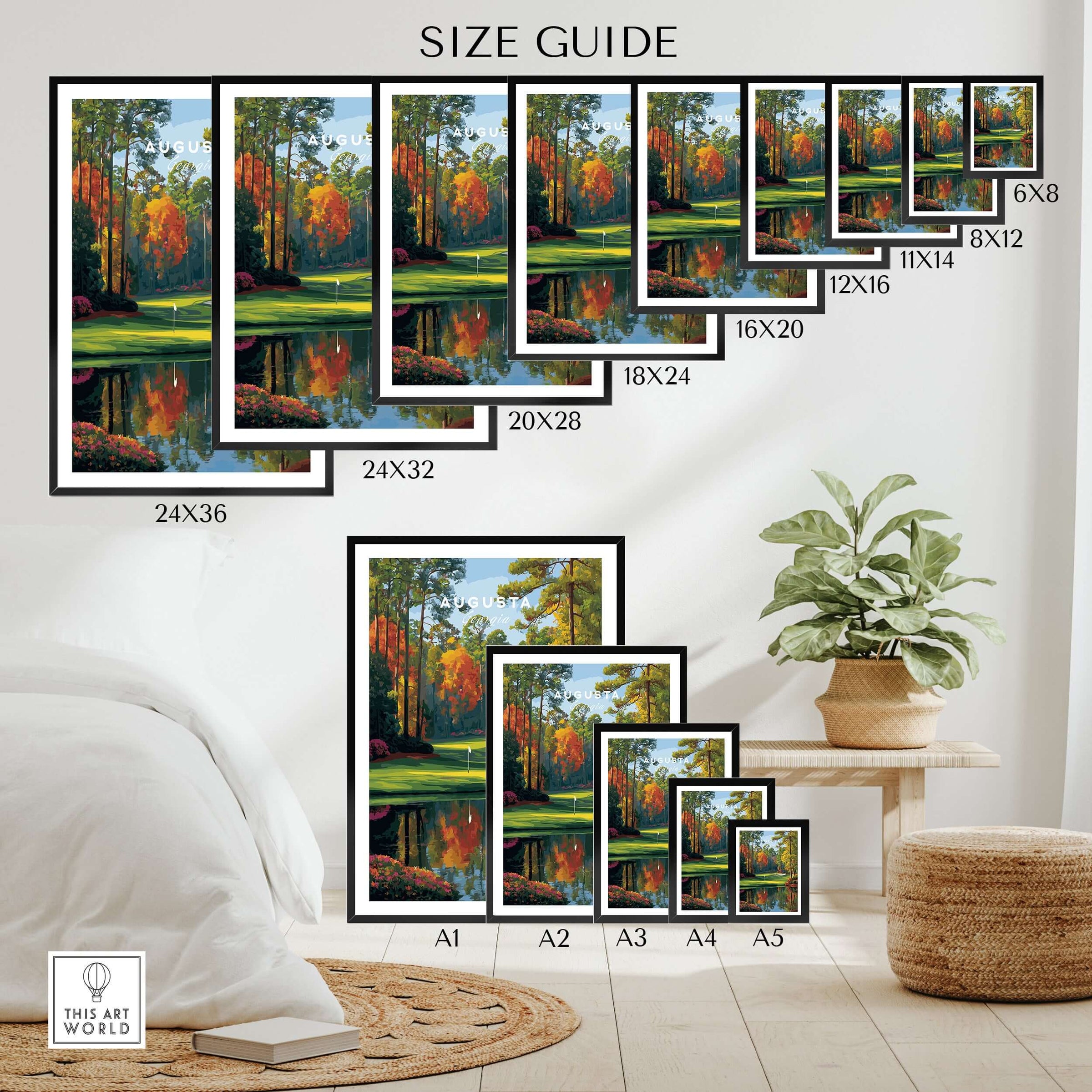 Augusta National Golf Poster - The Masters Golf Wall Art Size Guide showcasing various frame sizes on a stylish wall.
