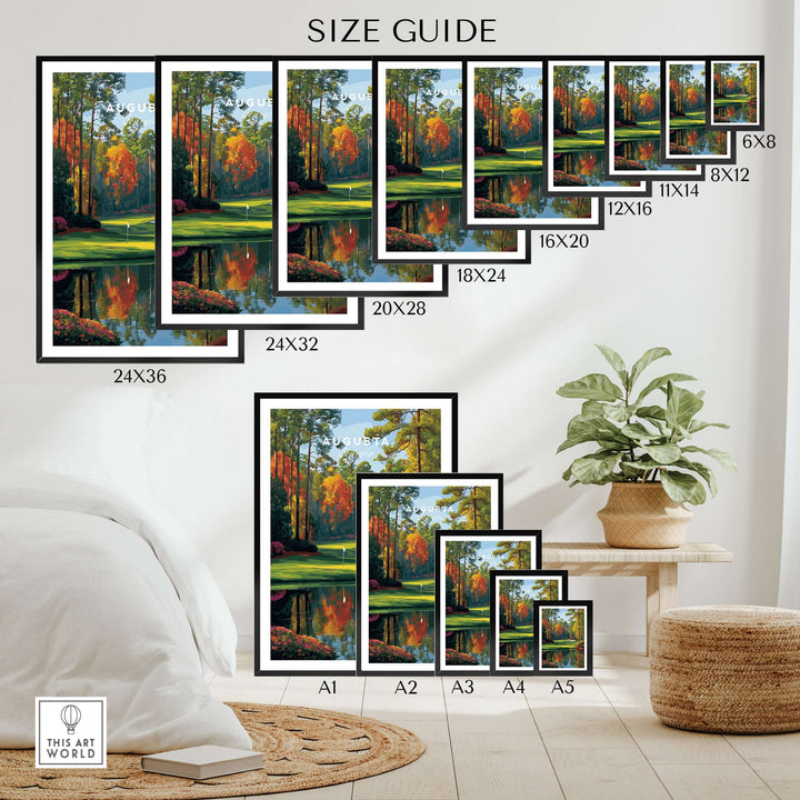 Size guide for Augusta National Golf Poster featuring various frame sizes and dimensions in a stylish setting.