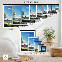 Augusta National Golf Print - The Masters Golf Poster size guide with framed poster options in a stylish interior setting.