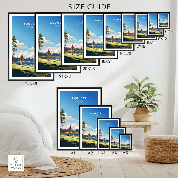 Size guide for Augusta National Golf Print showing various frame dimensions in a stylish interior setting.