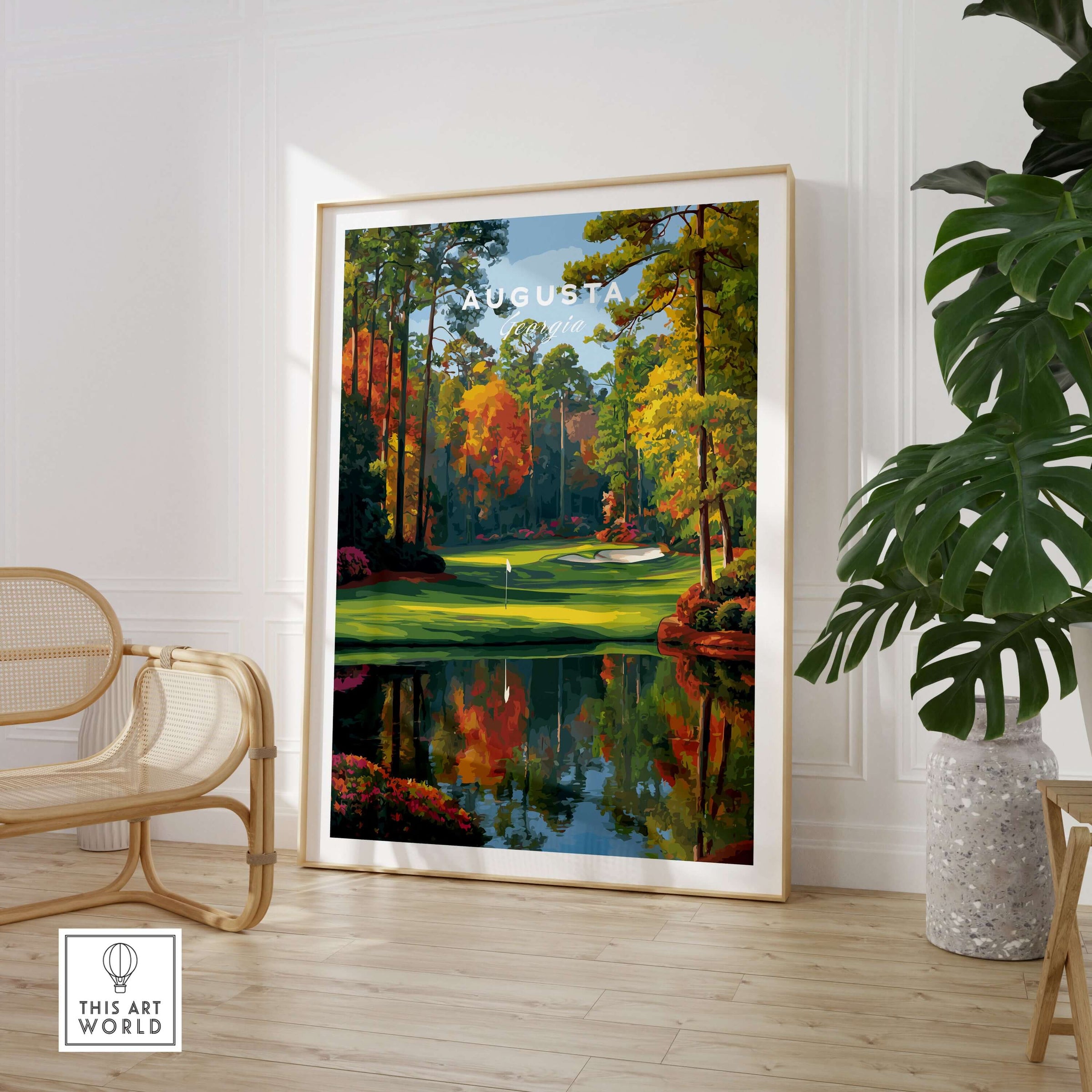 Augusta National Golf Poster - The Masters Golf Wall Art displayed in a stylish interior setting.