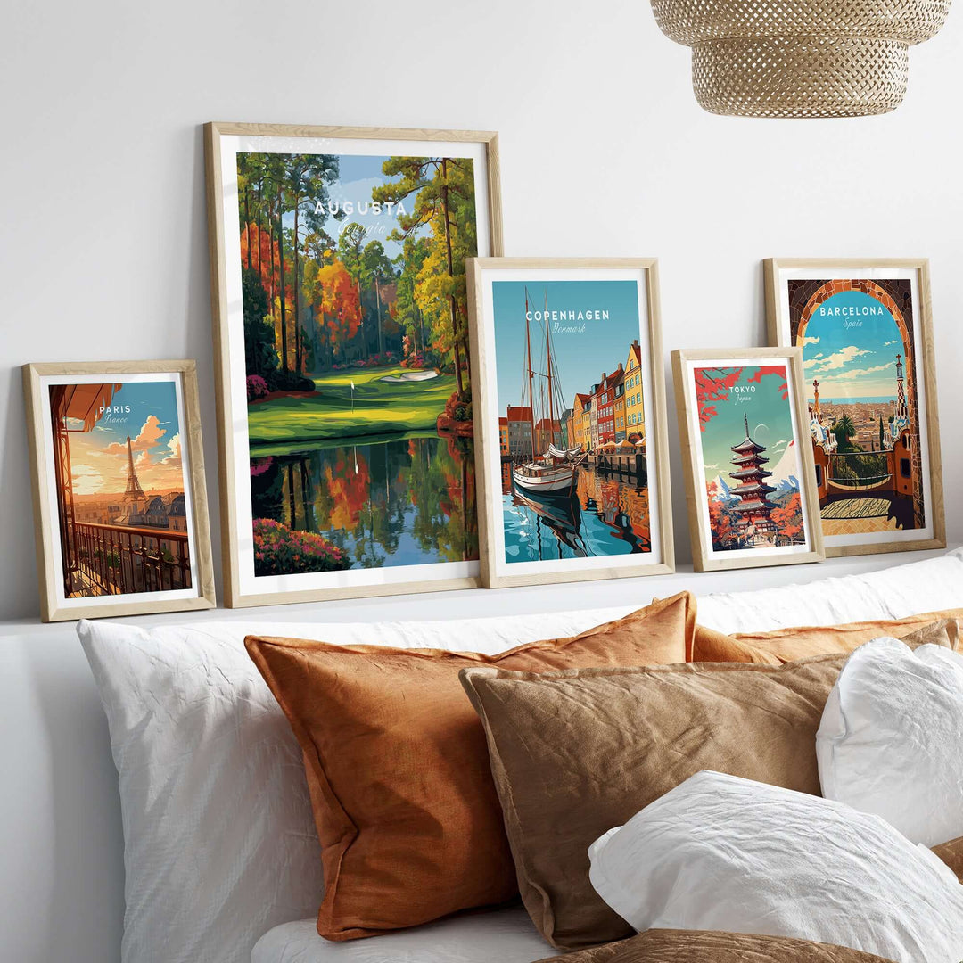 Augusta National Golf Poster among travel wall art prints in a stylish living room setting.