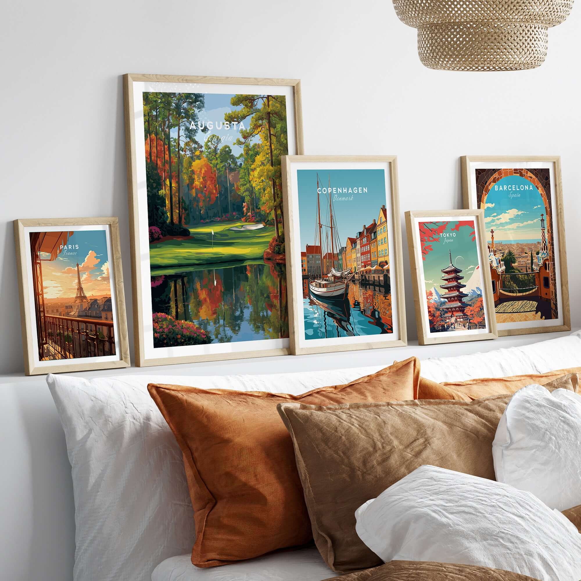 Augusta National Golf Poster - The Masters Golf Wall Art displayed in stylish frames on a cozy living room wall.