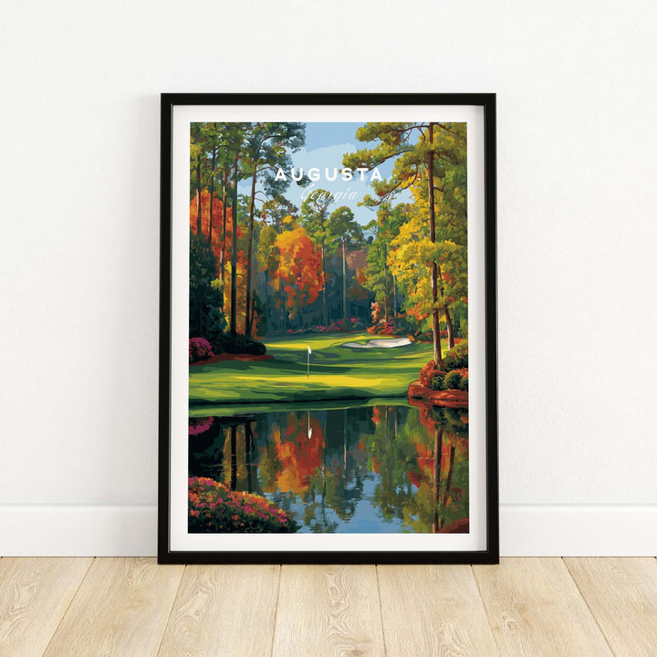 Augusta National Golf Poster showcasing vibrant landscape and reflections, perfect wall art for golf enthusiasts.
