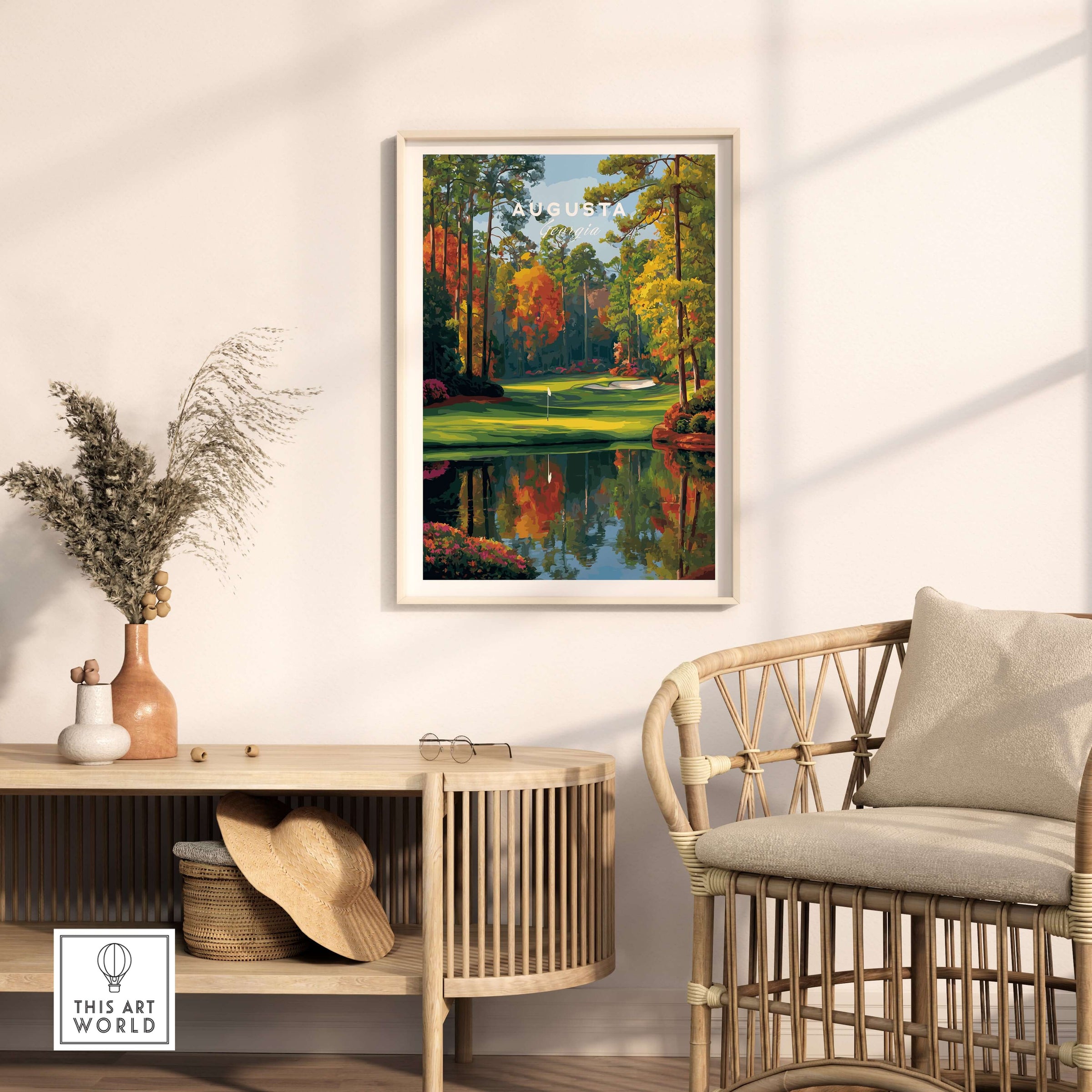 Augusta National Golf Poster - The Masters Golf Wall Art displayed in a stylish interior setting with natural decor.