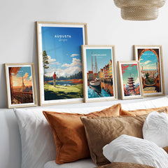 Augusta National Golf Print - The Masters Golf Poster framed in a stylish living room display.