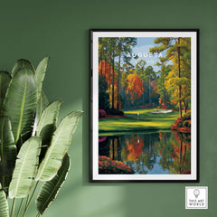 Augusta National Golf Poster - The Masters Golf Wall Art in a stylish frame on a green wall.