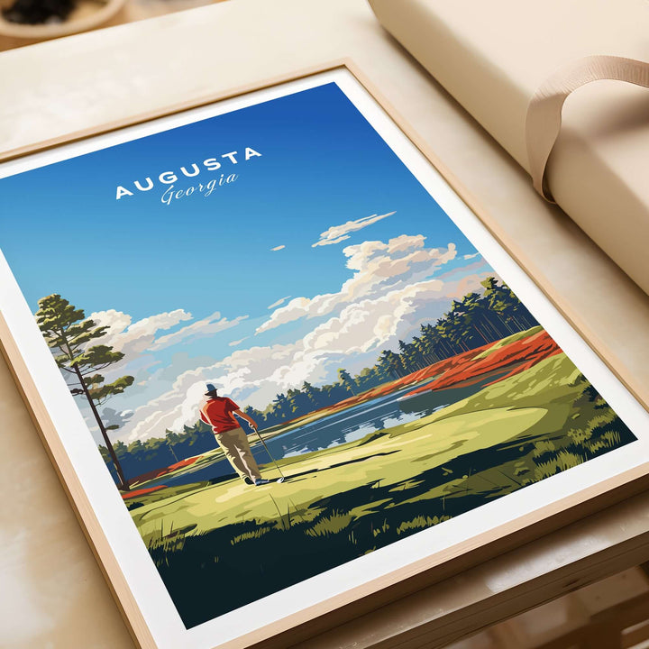 Augusta National Golf Print featuring golfer by the water, showcasing iconic landscape and vibrant colors.