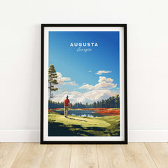 Augusta National Golf Print - The Masters Golf Poster showcasing a golfer at Augusta, Georgia with a vibrant sky and landscape.