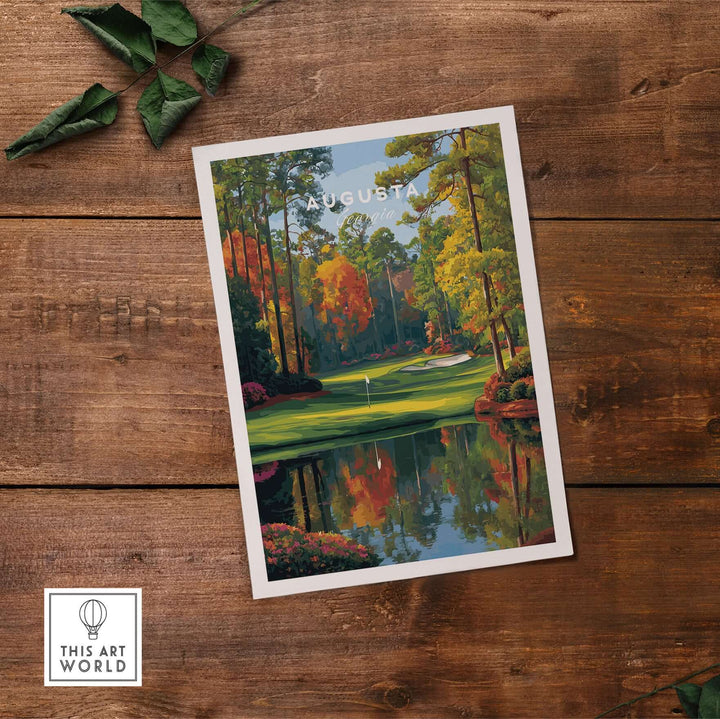 Augusta National Golf Poster featuring a serene landscape with reflections, perfect for golf enthusiasts and collectors.