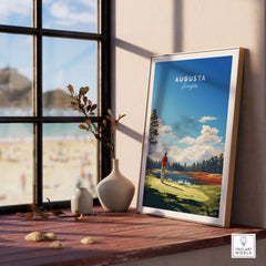 Augusta National Golf Print - The Masters Golf Poster displayed elegantly on a shelf near a window.