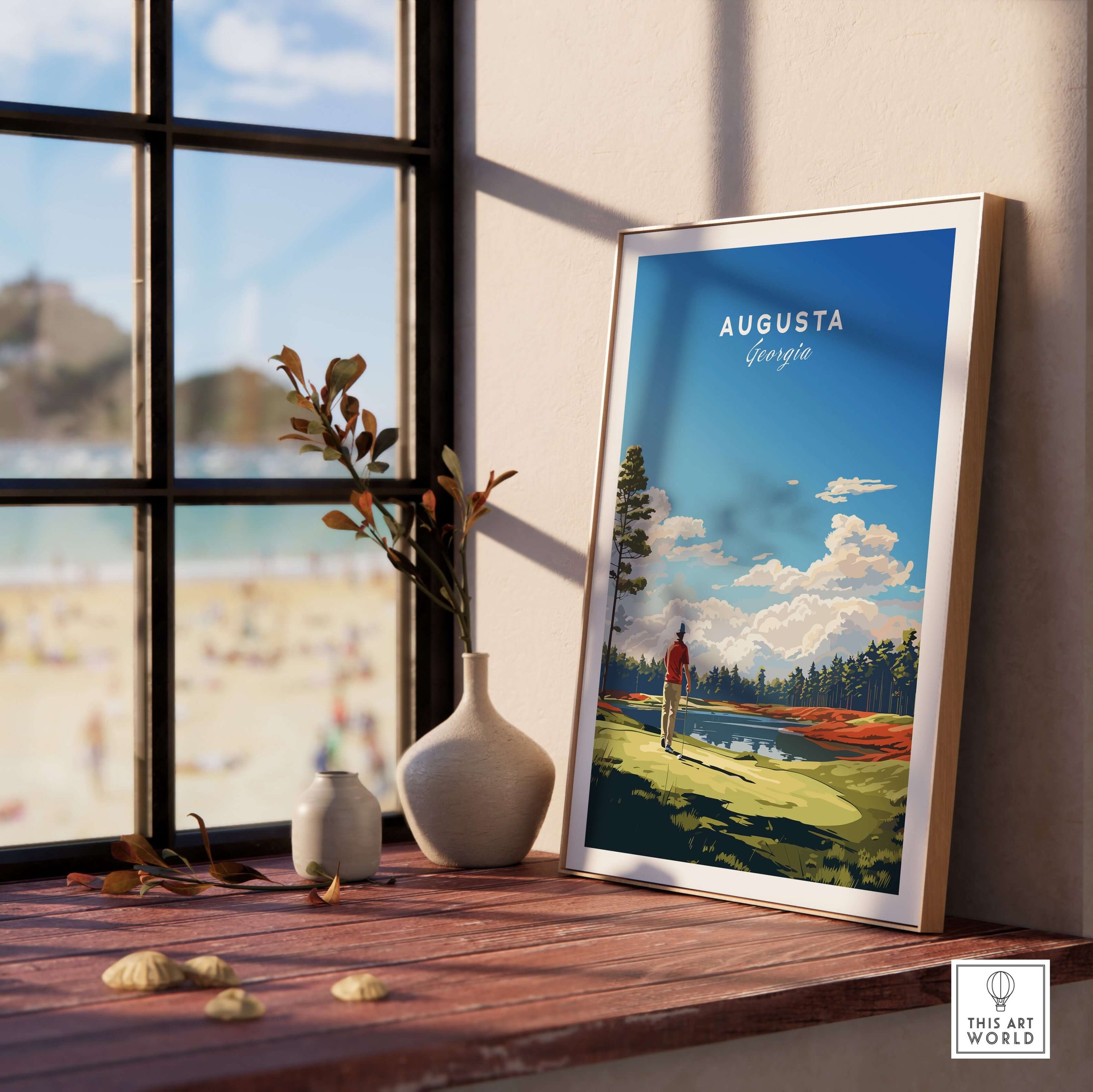 Augusta National Golf Print - The Masters Golf Poster displayed elegantly on a shelf near a window.