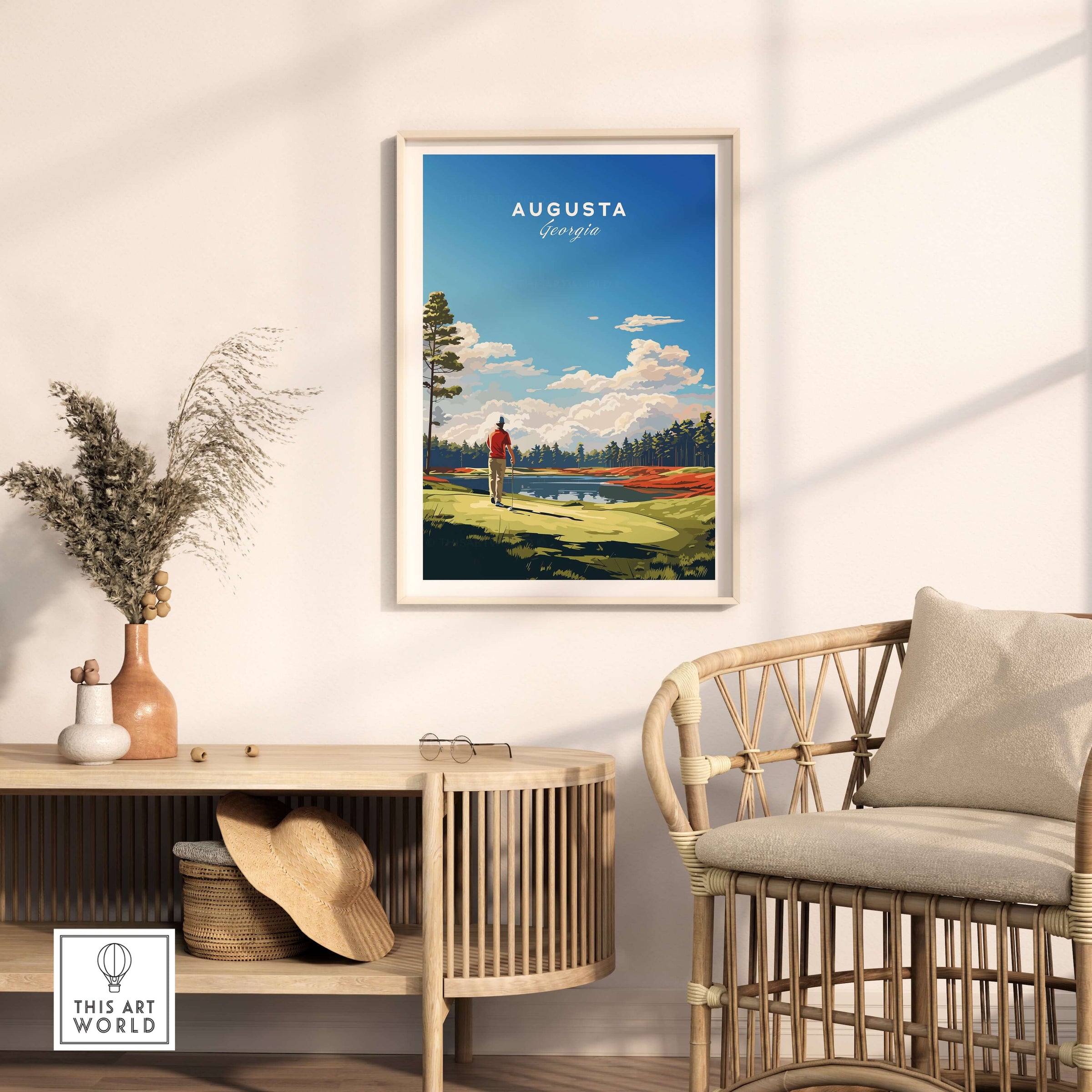 Augusta National Golf Print - The Masters Golf Poster displayed in a stylish living room setting.