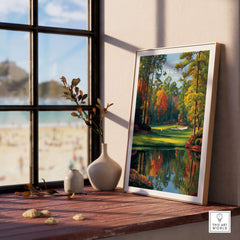Augusta National Golf Poster - The Masters Golf Wall Art displayed in a sunlit room with a scenic view.
