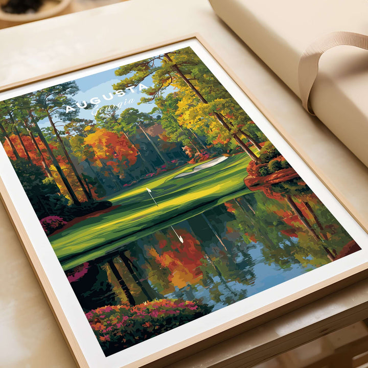 Augusta National Golf Poster showcasing vibrant fall colors and a serene reflection of the iconic course.