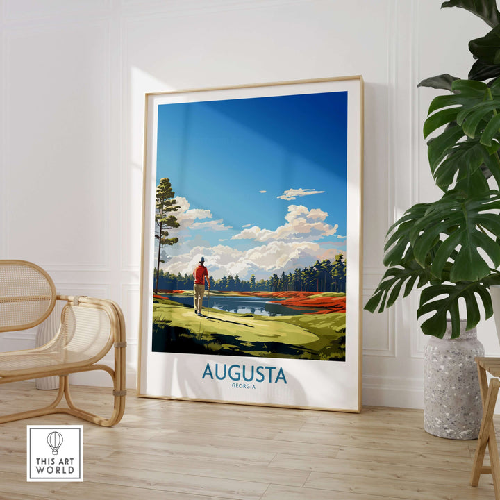 Augusta National Print featuring a golfer overlooking tranquil waters and lush scenery, celebrating Georgia's iconic golf venue.