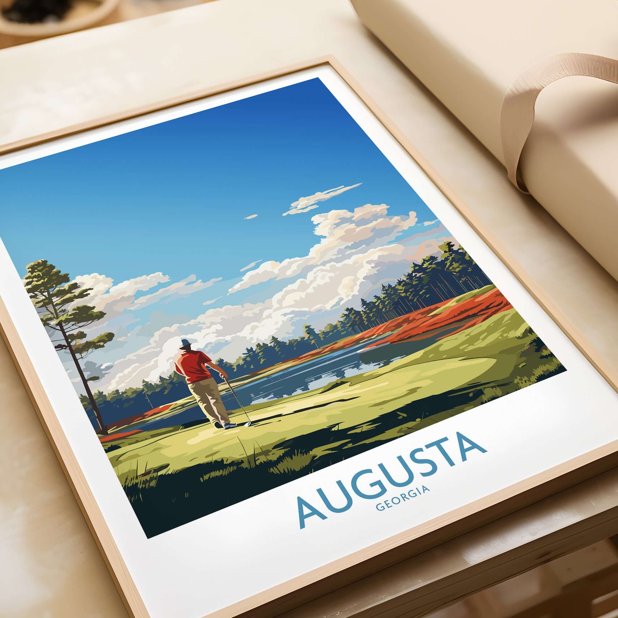 Augusta National Print - The Masters Golf Poster framed artwork depicting a golfer at Augusta, Georgia.
