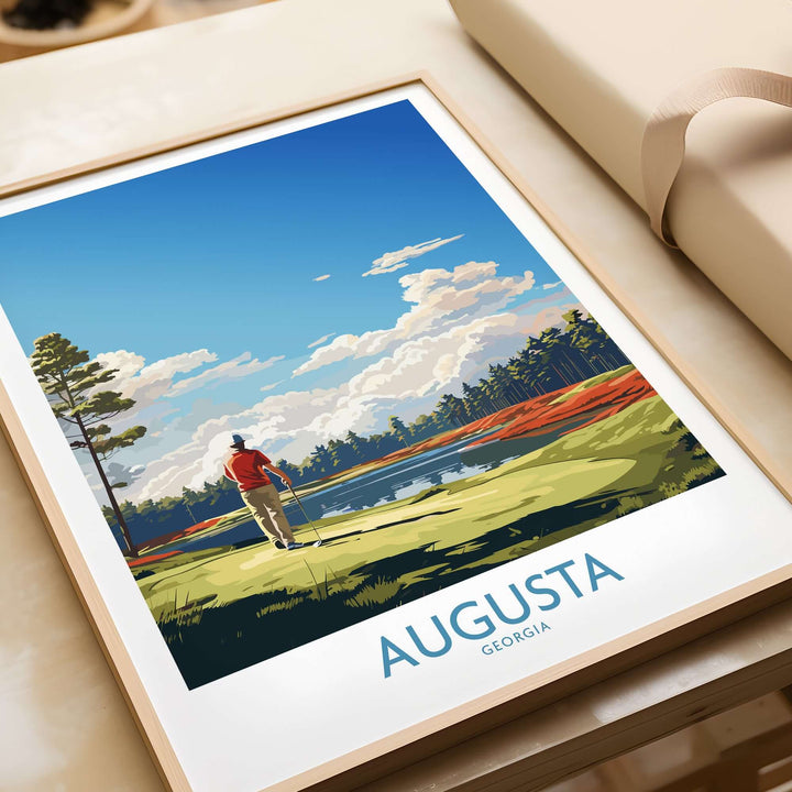 Augusta National Print featuring a golfer in a picturesque landscape, celebrating Georgia's iconic golf course.