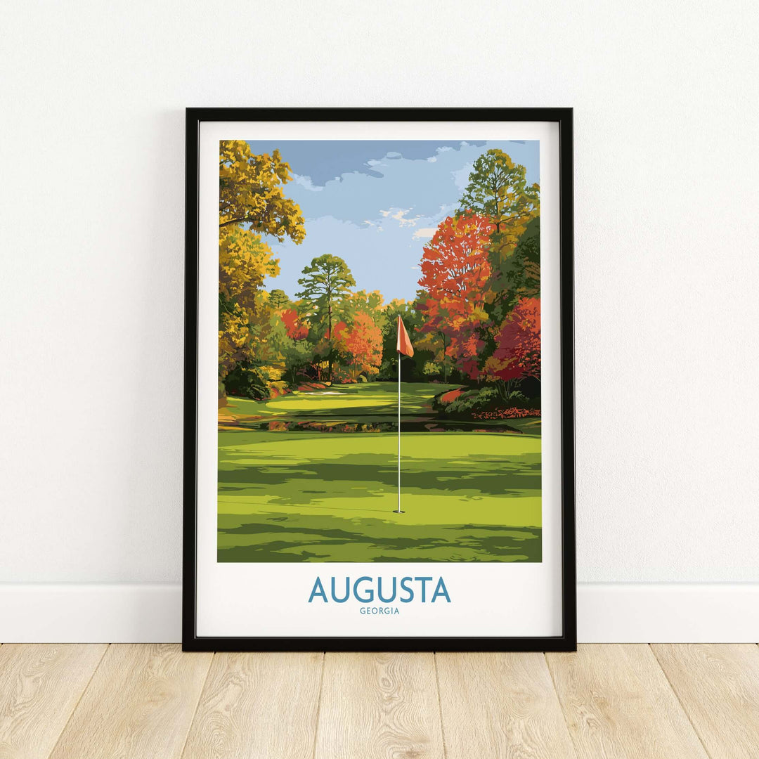 Augusta National Golf Print showcasing vibrant fall colors at a renowned golf course in Georgia.