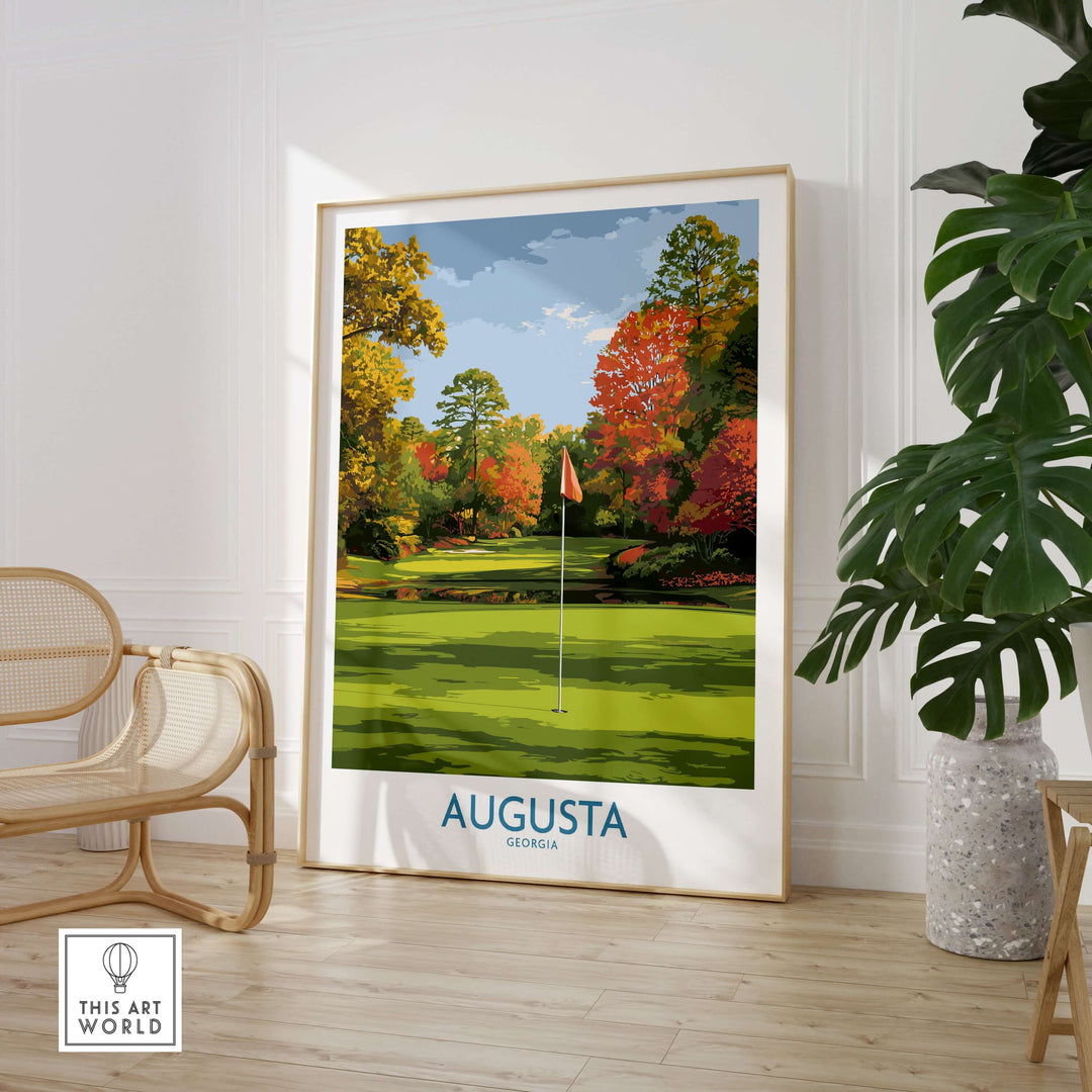Augusta National Golf Print featuring colorful landscape and golf flag, perfect Georgia wall art for golf enthusiasts.