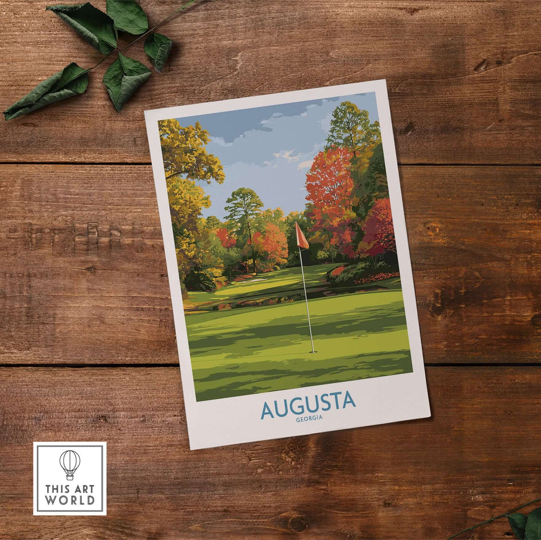 Augusta National Golf Print featuring vibrant colors of autumn leaves and a golf flag on a pristine green in Georgia.