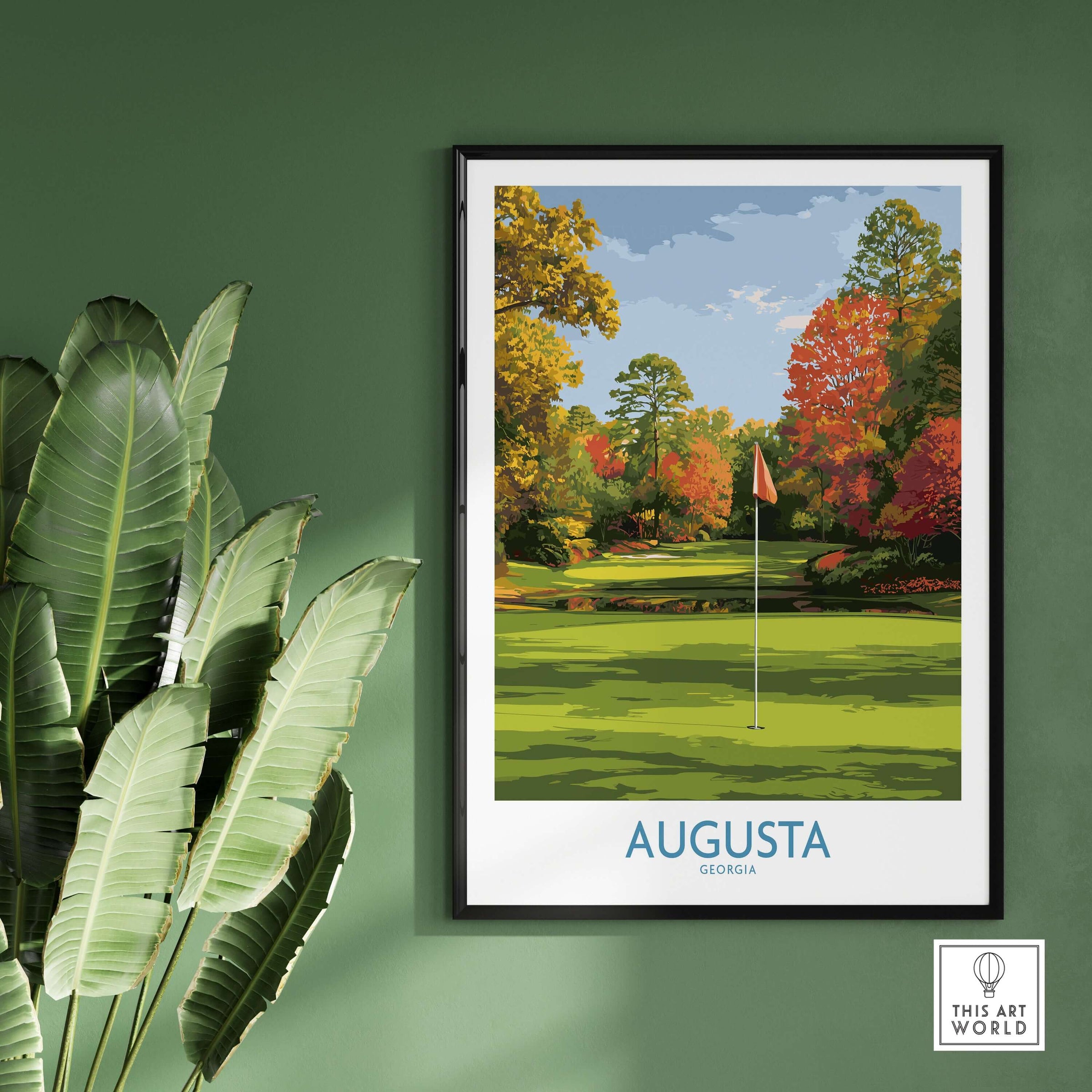 Augusta National Golf Print - Georgia Wall Art showcasing a vibrant golf course with autumn colors and a flagstick.
