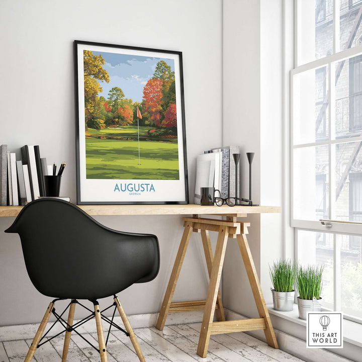 Augusta National Golf Print displayed in a modern workspace, featuring vibrant colors and iconic golf scenery.