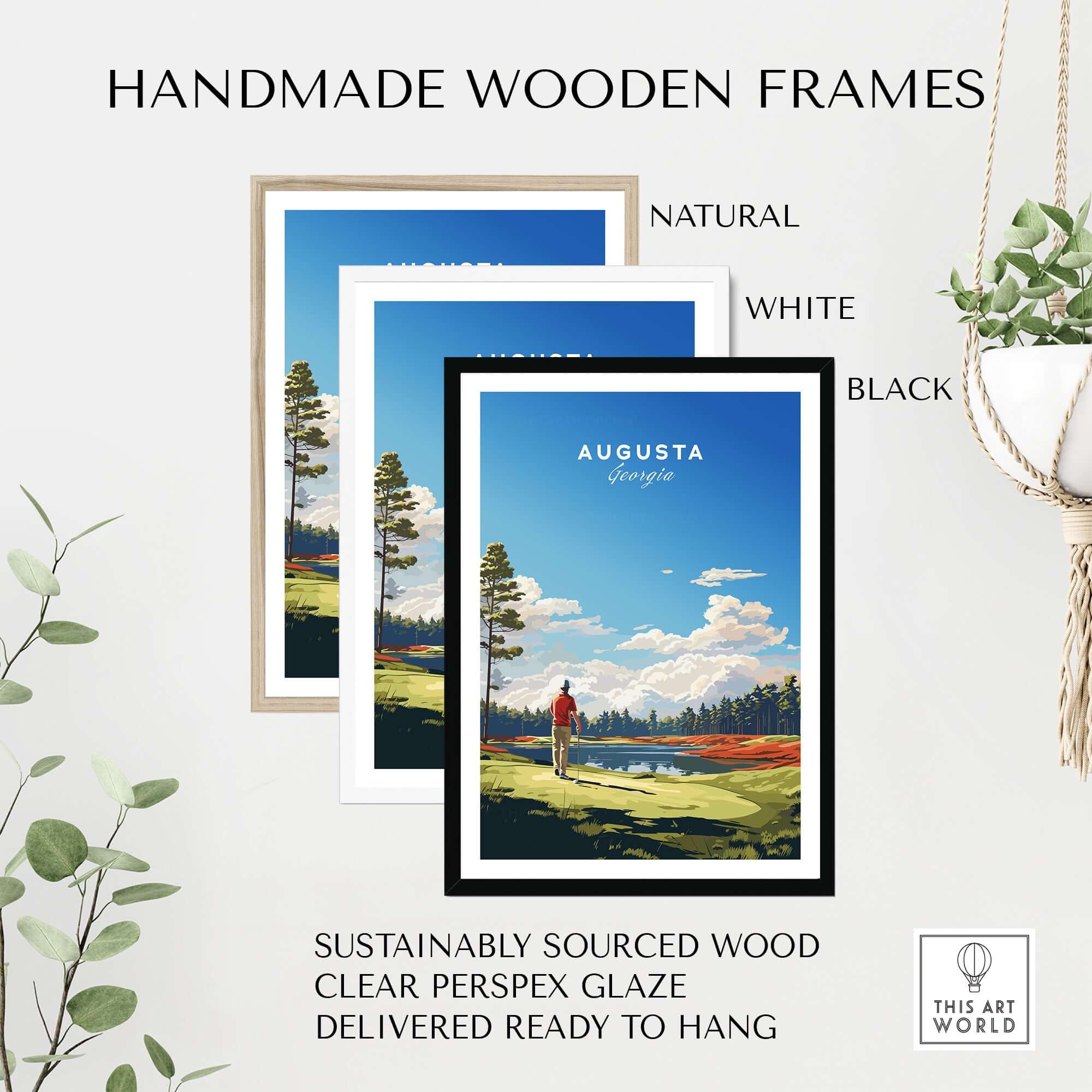 Augusta National Golf Print - The Masters Golf Poster in handmade wooden frames, available in natural, white, and black.
