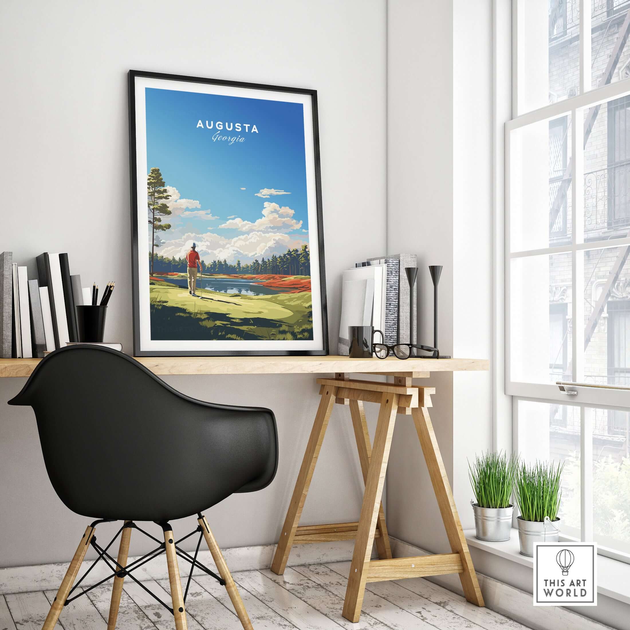 Augusta National Golf Print - The Masters Golf Poster displayed in a stylish interior with desk and chair.
