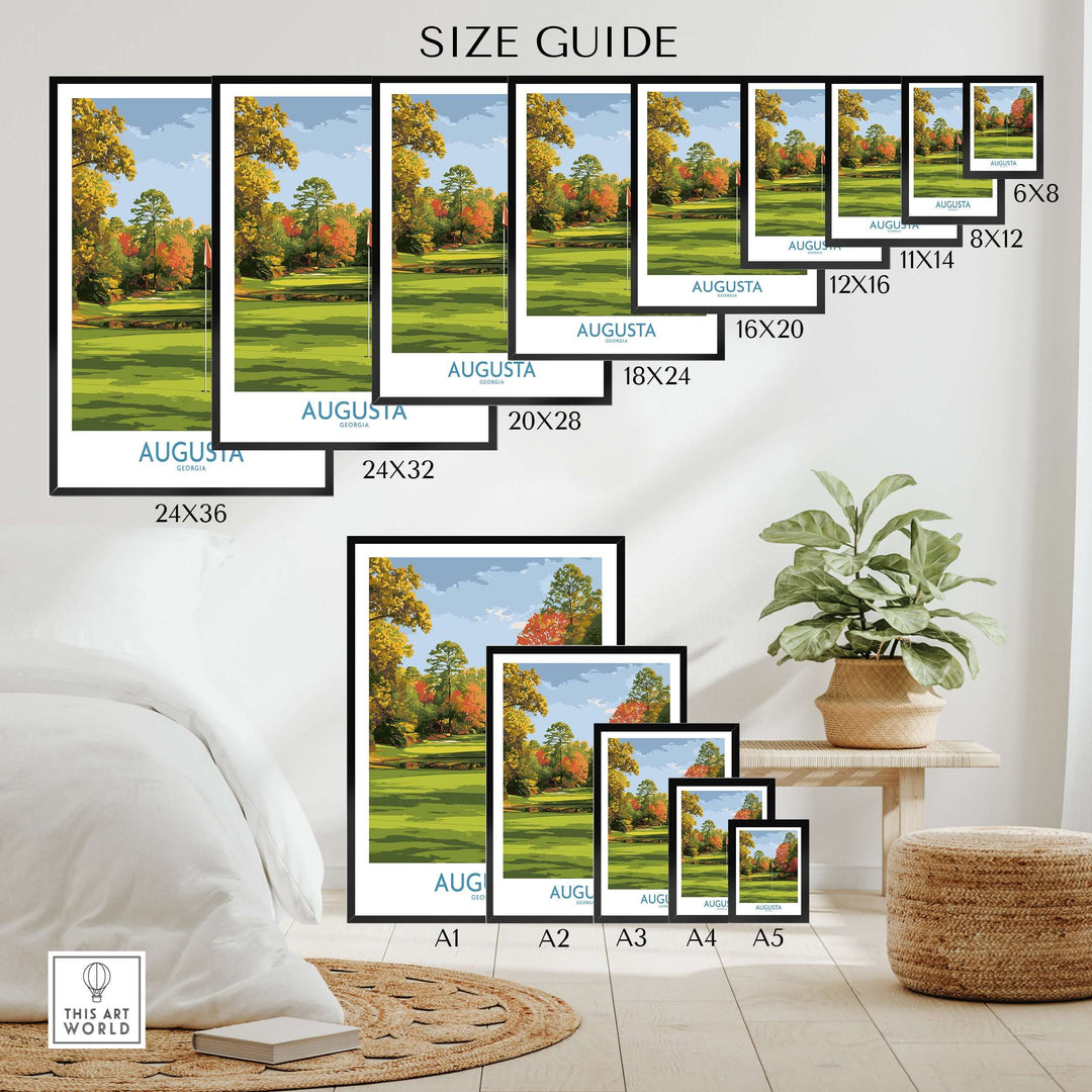 Size guide for Augusta National Golf Print in various dimensions on a stylish interior backdrop.