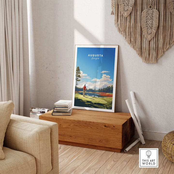 Augusta National Golf Print poster displayed in a cozy living room, highlighting beautiful landscape and golf theme.