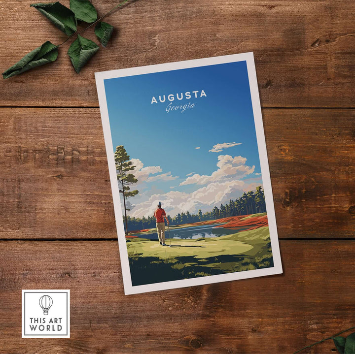 Augusta National Golf Print poster featuring a golfer at Augusta, Georgia with vibrant colors and scenic landscape.
