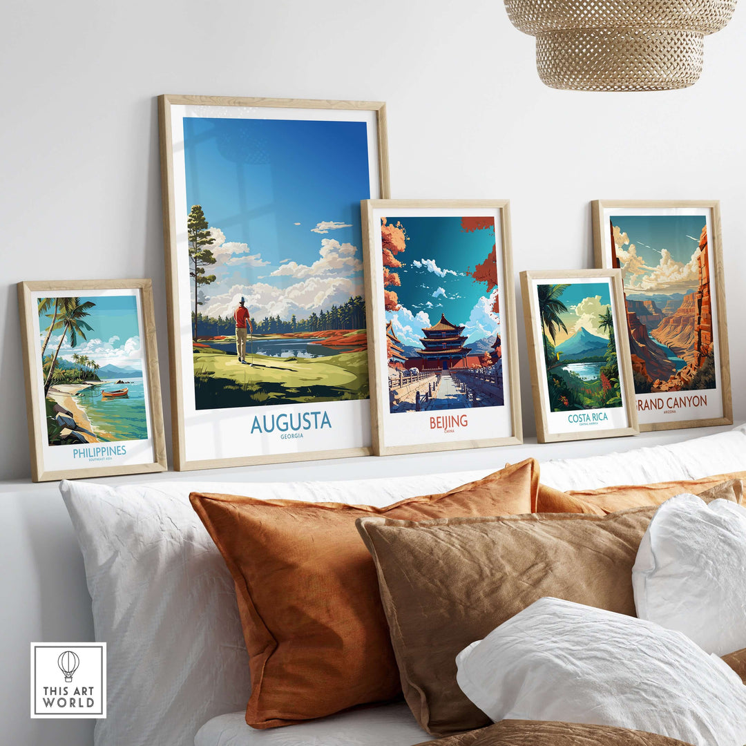 Gallery of travel-themed prints including Augusta, Beijing, Costa Rica, Grand Canyon, and Philippines.