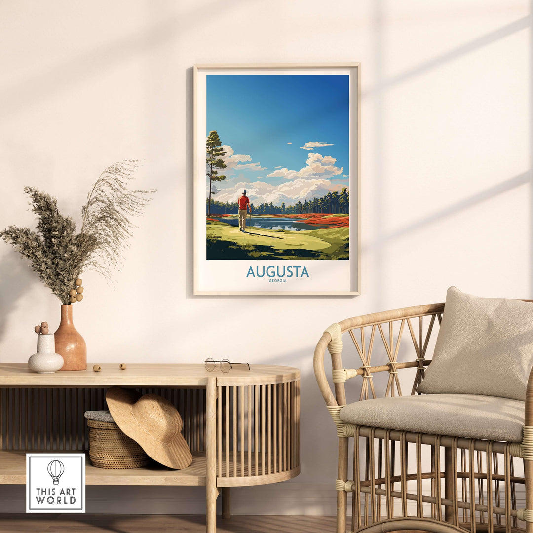 Augusta National Print featuring scenic golf course, framed art in a stylish living room setting.