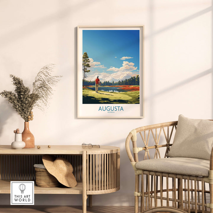 Augusta National Print featuring scenic golf course, framed art in a stylish living room setting.