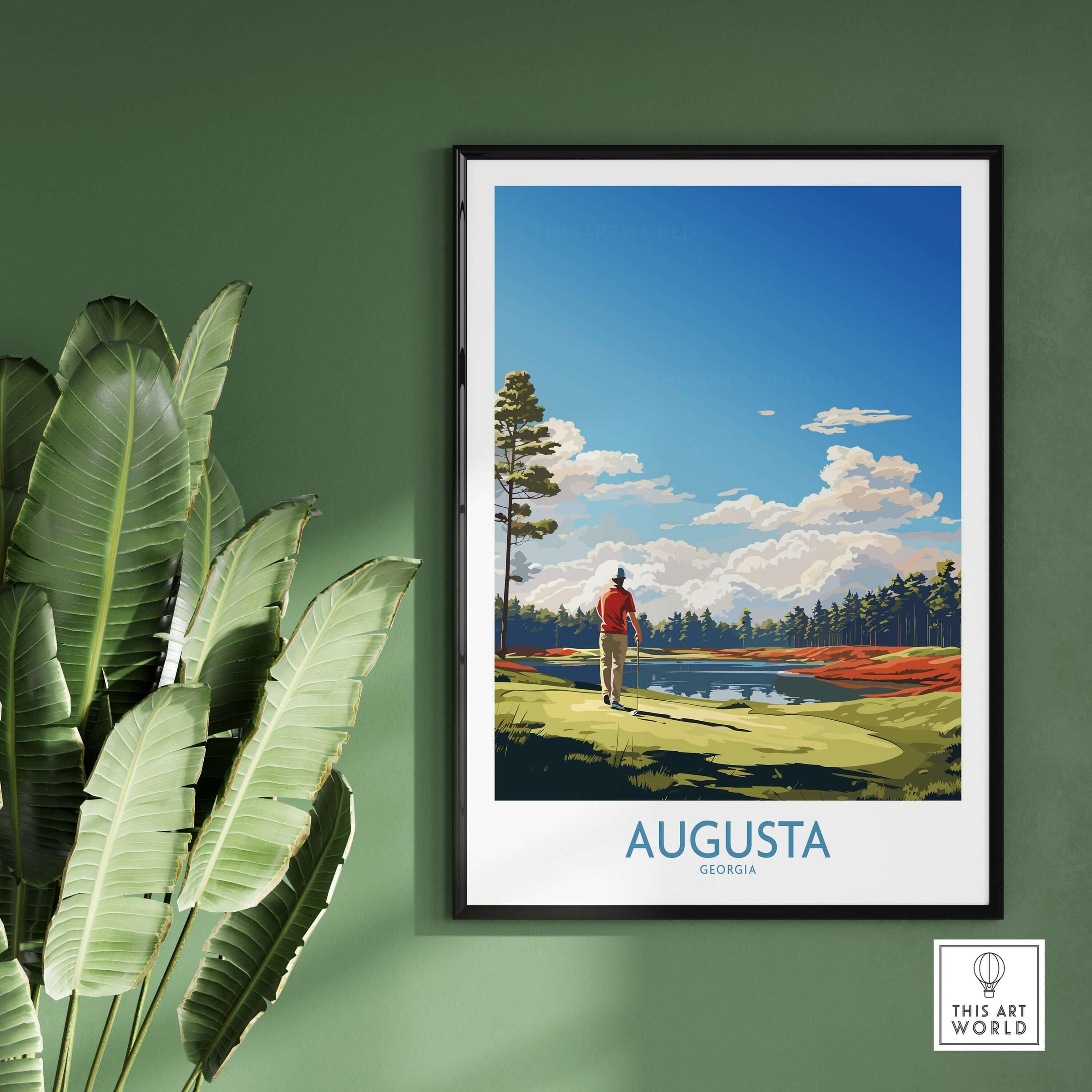 Augusta National Print - The Masters Golf Poster displayed in a stylish frame with lush green surroundings.