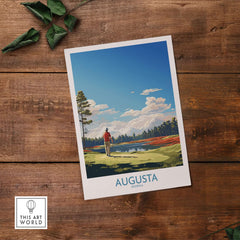 Augusta National Print - The Masters Golf Poster showcasing a golfer at Augusta in Georgia under a clear blue sky.