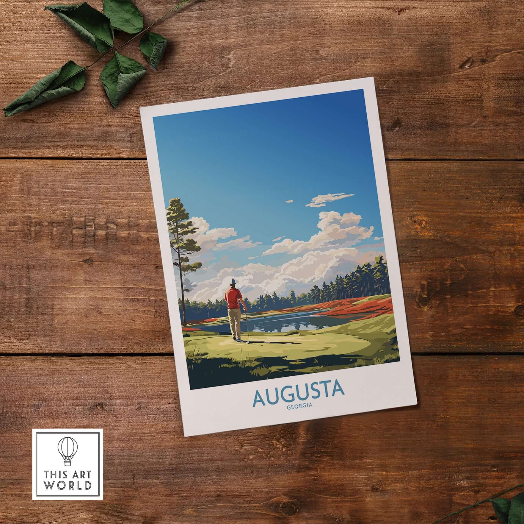 Augusta National Print - The Masters Golf Poster showcasing a golfer at Augusta in Georgia under a clear blue sky.