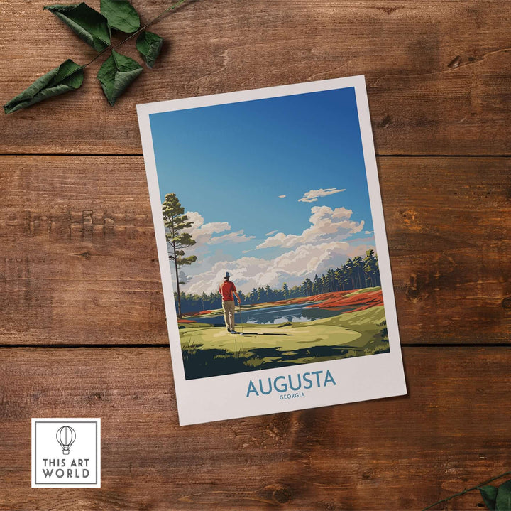 Augusta National Print showcasing a golfer at iconic Augusta, Georgia under a bright blue sky.